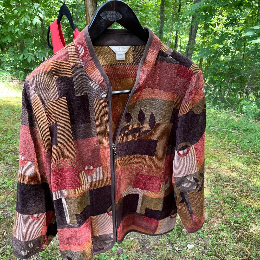 CJ Banks Fall leaves jacket 2X and bright orange mock turtleneck 1X